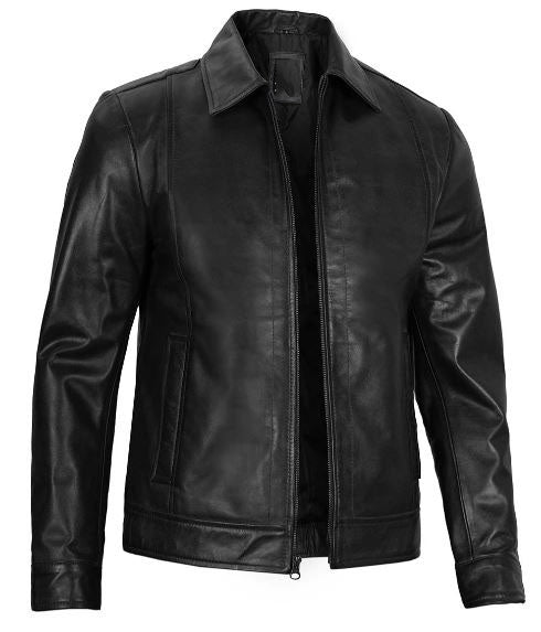 Men’s Black Harrington Classic Leather Jacket – Real Lambskin with Vintage Style