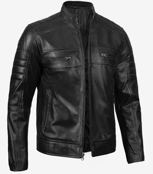 Men’s Black Lambskin Leather Cafe Racer Jacket – Real Leather, Slim Fit Biker Style