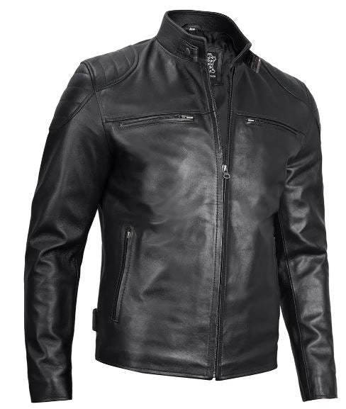 Men’s Black Real Leather Cafe Racer Jacket – Lambskin Moto Style with Shoulder Padding