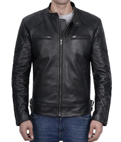 Men's Black Cafe Racer Quilted Leather Jacket – Real Lambskin, Beckham-Inspired Biker Style