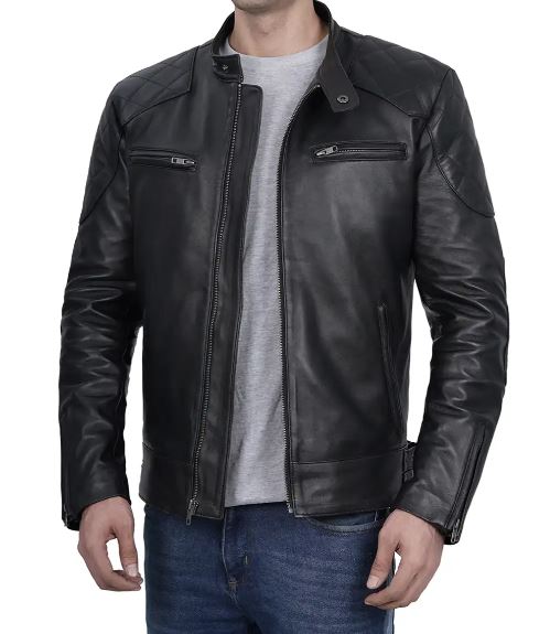 Men's Black Cafe Racer Quilted Leather Jacket – Real Lambskin, Beckham-Inspired Biker Style