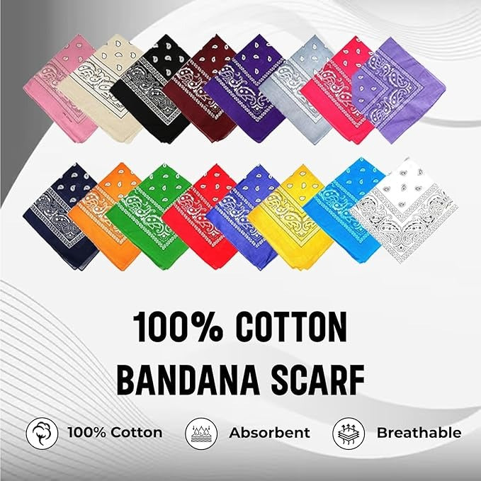Paisley Bandana Multicolor Unisex Scarf – 100% Cotton Headband for Men & Women, 22"x22"