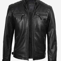 Men’s Black Real Lambskin Leather Cafe Racer Jacket – Diamond Stitch Shoulders All-Season Style