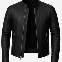 Owen Men’s Black Cafe Racer Leather Jacket – Real Lambskin with Snap-Tab Collar