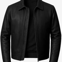 Tony Men’s Black Harrington Leather Jacket – Real Lambskin with Shirt Collar & Zip Closure