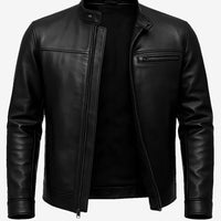 Bickford Men’s Black Leather Biker Jacket – Real Lambskin with Snap-Tab Collar