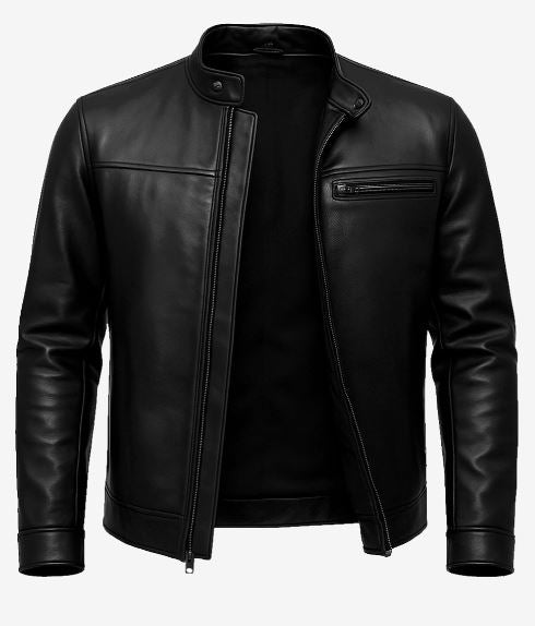 Bickford Men’s Black Leather Biker Jacket – Real Lambskin with Snap-Tab Collar