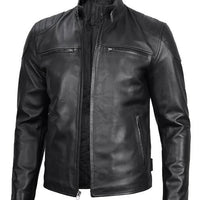 Men’s Black Real Leather Cafe Racer Jacket – Lambskin Moto Style with Shoulder Padding
