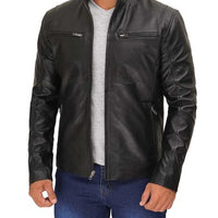 Men’s Black Cafe Racer Leather Jacket – Real Lambskin with Zipper Pockets & Stand Collar