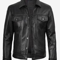 Fernando Men’s Black Lambskin Leather Trucker Jacket – Button-Up Real Leather Classic