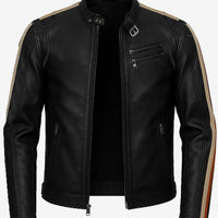 Men’s Black Biker Leather Jacket – Double Contrast Shoulder Stripes, Real Lambskin