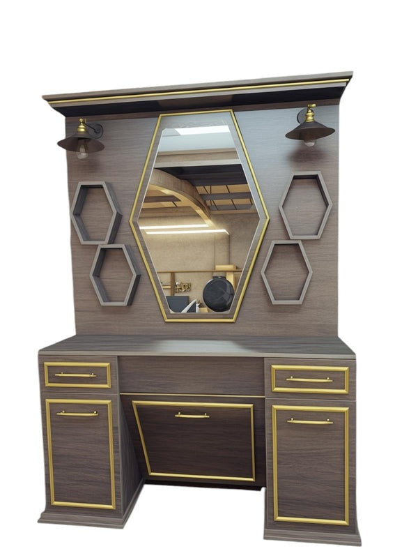 LBB SUPPLY Brown Barber Unit with Gold Line – 220cm x 150cm | Luxury Barber Station