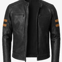 Men’s Black Cafe Racer Leather Jacket – Tan Stripes, Quilted Shoulders, Real Lambskin