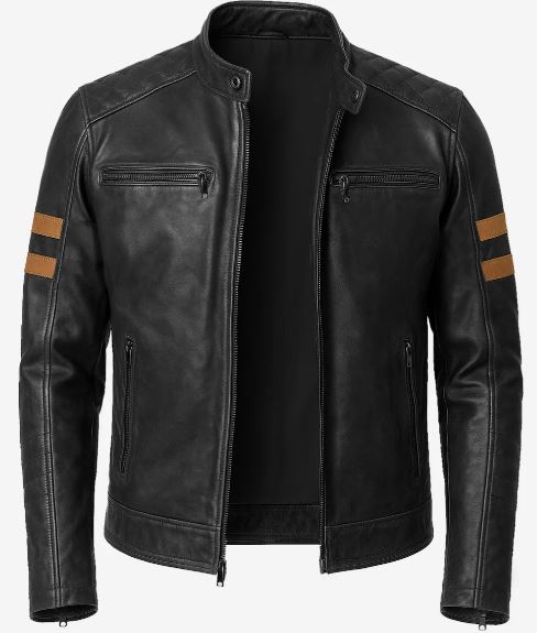 Men’s Black Cafe Racer Leather Jacket – Tan Stripes, Quilted Shoulders, Real Lambskin