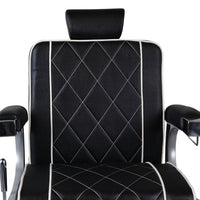 Elegant Black & Silver Barber Chair – Diamond-Stitched Reclining Salon Chair
