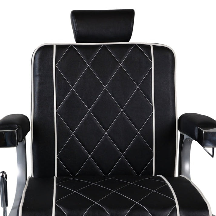 Elegant Black & Silver Barber Chair – Diamond-Stitched Reclining Salon Chair