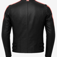 Men’s Black Biker Leather Jacket – Double Contrast Shoulder Stripes, Real Lambskin