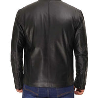 Men’s Black Cafe Racer Leather Jacket – Real Lambskin with Zipper Pockets & Stand Collar