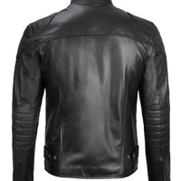Men’s Black Real Leather Cafe Racer Jacket – Lambskin Moto Style with Shoulder Padding