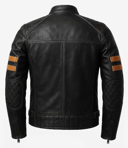 Men’s Black Cafe Racer Leather Jacket – Tan Stripes, Quilted Shoulders, Real Lambskin
