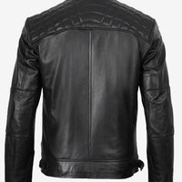 Men’s Black Real Lambskin Leather Cafe Racer Jacket – Diamond Stitch Shoulders All-Season Style