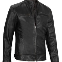 Men’s Black Lambskin Leather Cafe Racer Jacket – Slim Fit Motorcycle Style