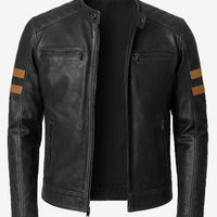 Men’s Black Cafe Racer Leather Jacket – Tan Stripes, Quilted Shoulders, Real Lambskin