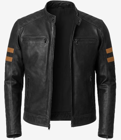 Men’s Black Cafe Racer Leather Jacket – Tan Stripes, Quilted Shoulders, Real Lambskin