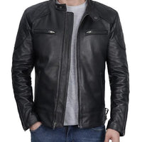 Men's Black Cafe Racer Quilted Leather Jacket – Real Lambskin, Beckham-Inspired Biker Style