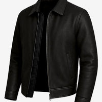 Tony Men’s Black Harrington Leather Jacket – Real Lambskin with Shirt Collar & Zip Closure