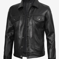 Fernando Men’s Black Lambskin Leather Trucker Jacket – Button-Up Real Leather Classic