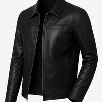 Mark Men’s Black Harrington Leather Jacket – Real Lambskin with Shirt Collar & YKK Zip