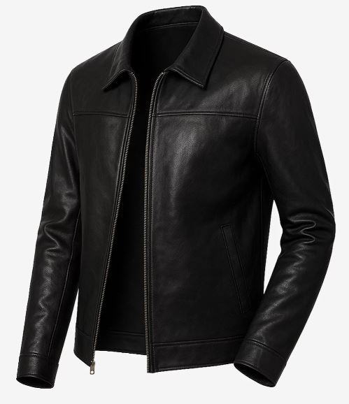 Mark Men’s Black Harrington Leather Jacket – Real Lambskin with Shirt Collar & YKK Zip