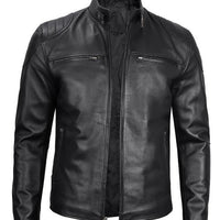 Men’s Black Real Leather Cafe Racer Jacket – Lambskin Moto Style with Shoulder Padding