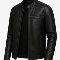 Bickford Men’s Black Leather Biker Jacket – Real Lambskin with Snap-Tab Collar