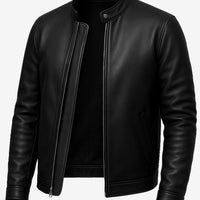 Owen Men’s Black Cafe Racer Leather Jacket – Real Lambskin with Snap-Tab Collar