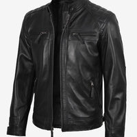 Men’s Black Real Lambskin Leather Cafe Racer Jacket – Diamond Stitch Shoulders All-Season Style