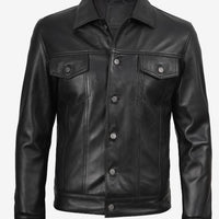 Fernando Men’s Black Lambskin Leather Trucker Jacket – Button-Up Real Leather Classic