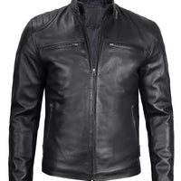 Men’s Black Real Leather Cafe Racer Jacket – Lambskin Moto Style with Shoulder Padding