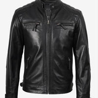Men’s Black Real Lambskin Leather Cafe Racer Jacket – Diamond Stitch Shoulders All-Season Style