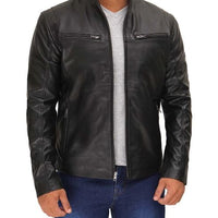 Men’s Black Cafe Racer Leather Jacket – Real Lambskin with Zipper Pockets & Stand Collar