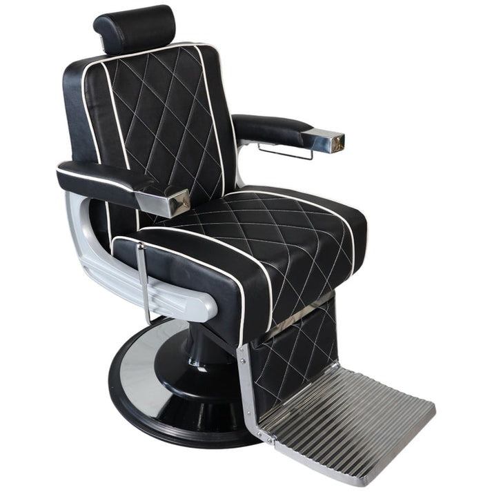 Elegant Black & Silver Barber Chair – Diamond-Stitched Reclining Salon Chair