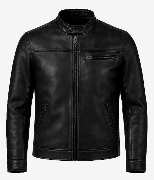 Bickford Men’s Black Leather Biker Jacket – Real Lambskin with Snap-Tab Collar