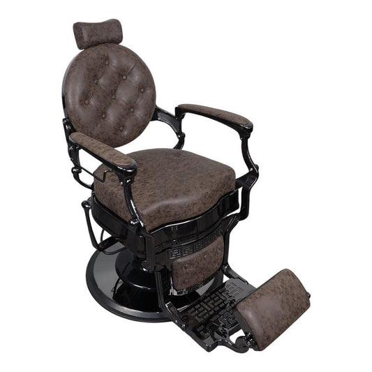 Barber Chair - Vintage Style Brown & Shiny Black Accents Adjustable Headrest & Premium Leather