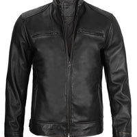 Men’s Black Lambskin Leather Cafe Racer Jacket – Slim Fit Motorcycle Style