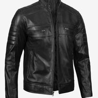 Men’s Black Lambskin Leather Cafe Racer Jacket – Real Leather, Slim Fit Biker Style