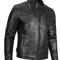 Men’s Black Real Leather Cafe Racer Jacket – Lambskin Moto Style with Shoulder Padding