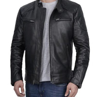 Men's Black Cafe Racer Quilted Leather Jacket – Real Lambskin, Beckham-Inspired Biker Style